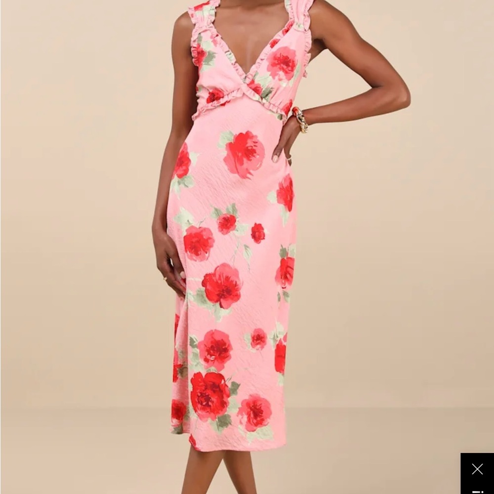 Clarrie Pink Floral Crinkle Satin Ruffled Midi Dress